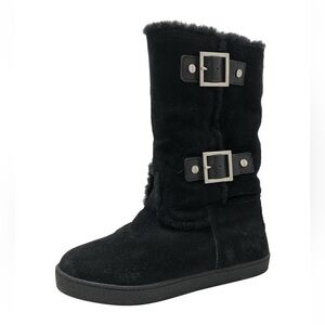 Tory Burch Black Suede Shearling-Lined Buckle Ankle Boots